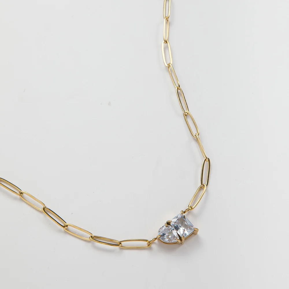 Fashion 18K Gold Plated Triangle Drill Rectangular Drop Shape Link Zirconia Pendant Stainless Steel Clip Chain Necklace YF4029