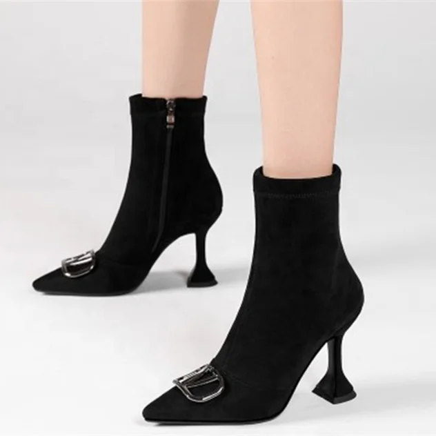 

Ankle Boots Stretch Suede Casual Short Boots for Women Shoes Black Kitten High Heel Stilettos Side Zipper Winter Booty Size 46