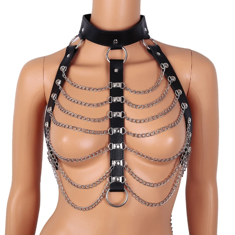 

iEFiEL Unisex Imitation Halter Neck PU Leather Body Chest Harness Tassel Chain with Lock Punk Gothic
