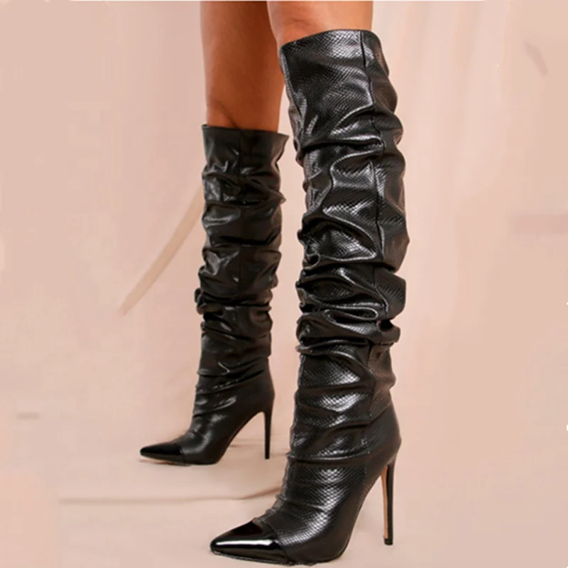 

Snakeskin Shoes Women Boots Stiletto Heel Black Knee High Boots Casual Style Lady's Sexy High Heel Boots Pleated Shaft Size 43