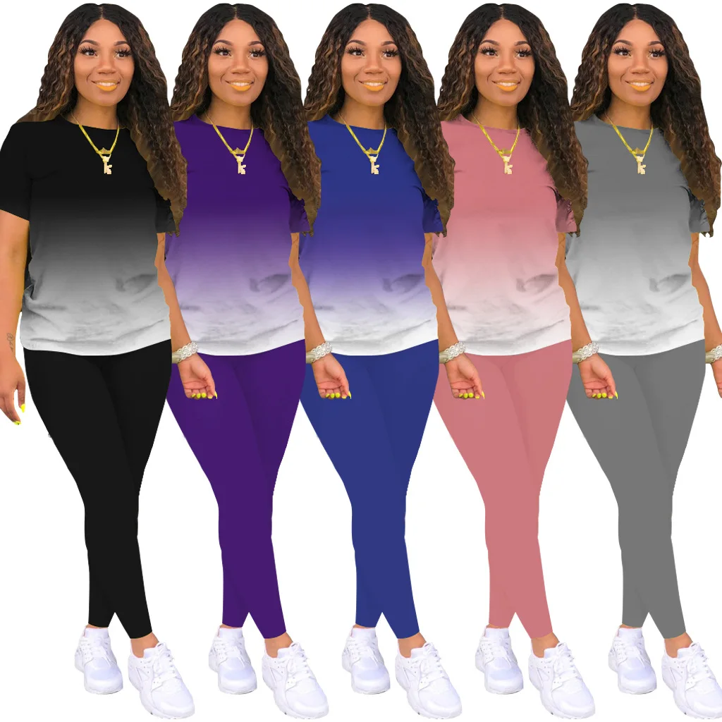 

Summer Women Clothing Gradient Casual Two-piece Set Short-sleeved T-shirt For Women, Picture