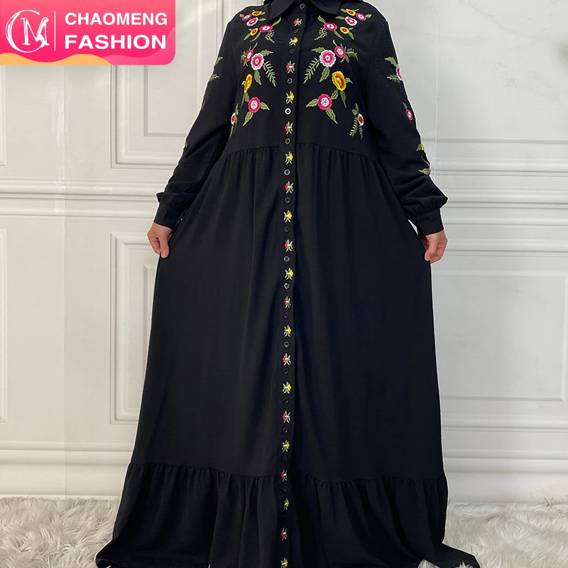 

6590# Embroidery Crepe Long Maxi Muslim Abaya Dresses For Women Dubai Islamic Clothing Modest Fashion, Black