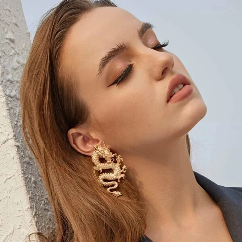 

KEQI 2020 Unique Punk Gold Silver Dragon Earrings, Women Metal Personalized Exaggerated Big Stud Earrings Jewelry