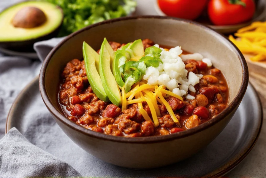 Serving bowl of meat chili with traditional toppings including cheese, onions, and avocado