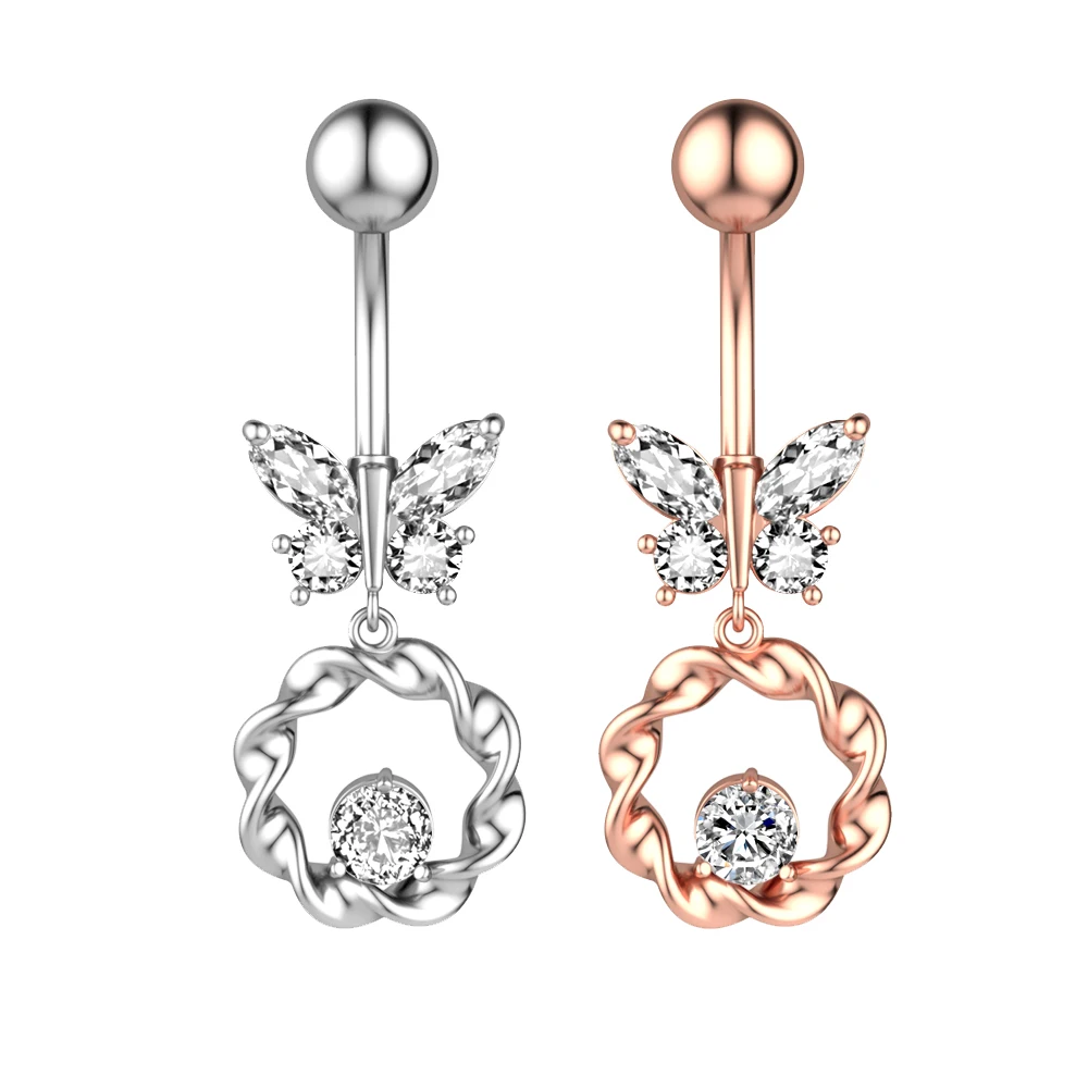 

New Design Butterfly Circle With Zircon Barbell Jewelry Stainless Steel Belly Navel Hot Sale Body Piercing for Girls