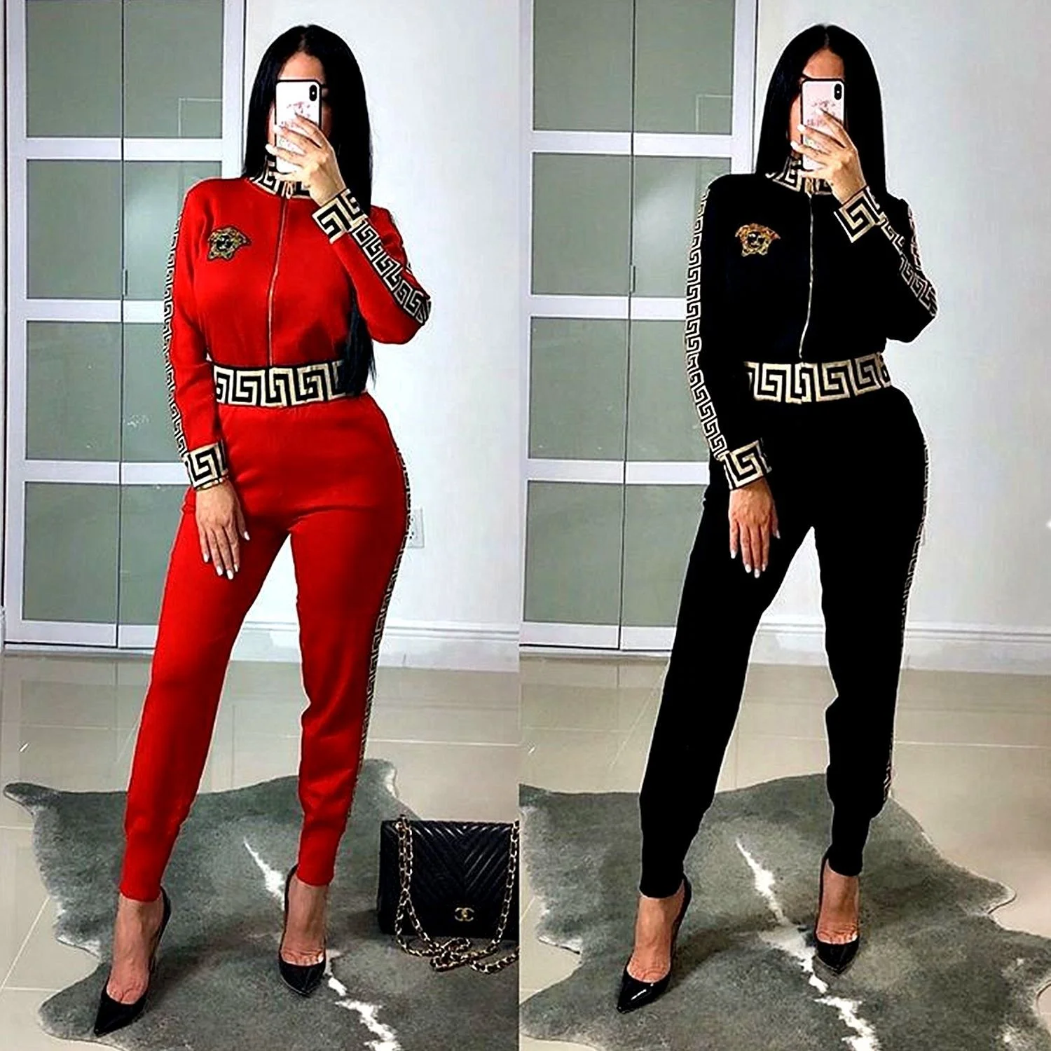 

MT76-5115 Hot sale trendy women long sleeve zip printed two piece sets casual dress women 2 piece set women