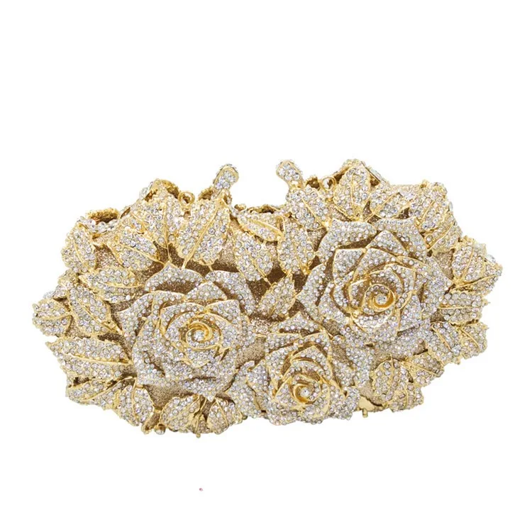 

Top Luxury Expensive Crystal Rhinestone Gold Clutch Purse Flower Evening Prom Bag For Bridal in Wedding Party Wholesales, As pictures