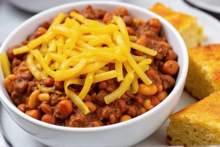 Finished crockpot chili mac served in bowl with cheddar cheese topping and side of cornbread