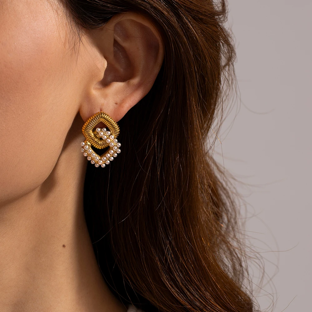 

Thread Pearl Zircon Inlaid Hoop Earring 18K Gold Plated Stainless Steel Double Hoop Gloring Earrings For Women