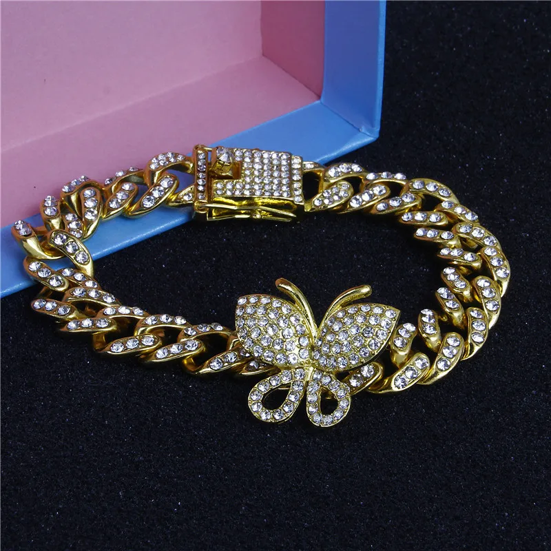 

Luxury Bling Diamond Iced Out Cuban Chain Butterfly Charm Bracelet Hip Hops Rhinestone Crystal Cubic Zirconia Butterfly Bracelet