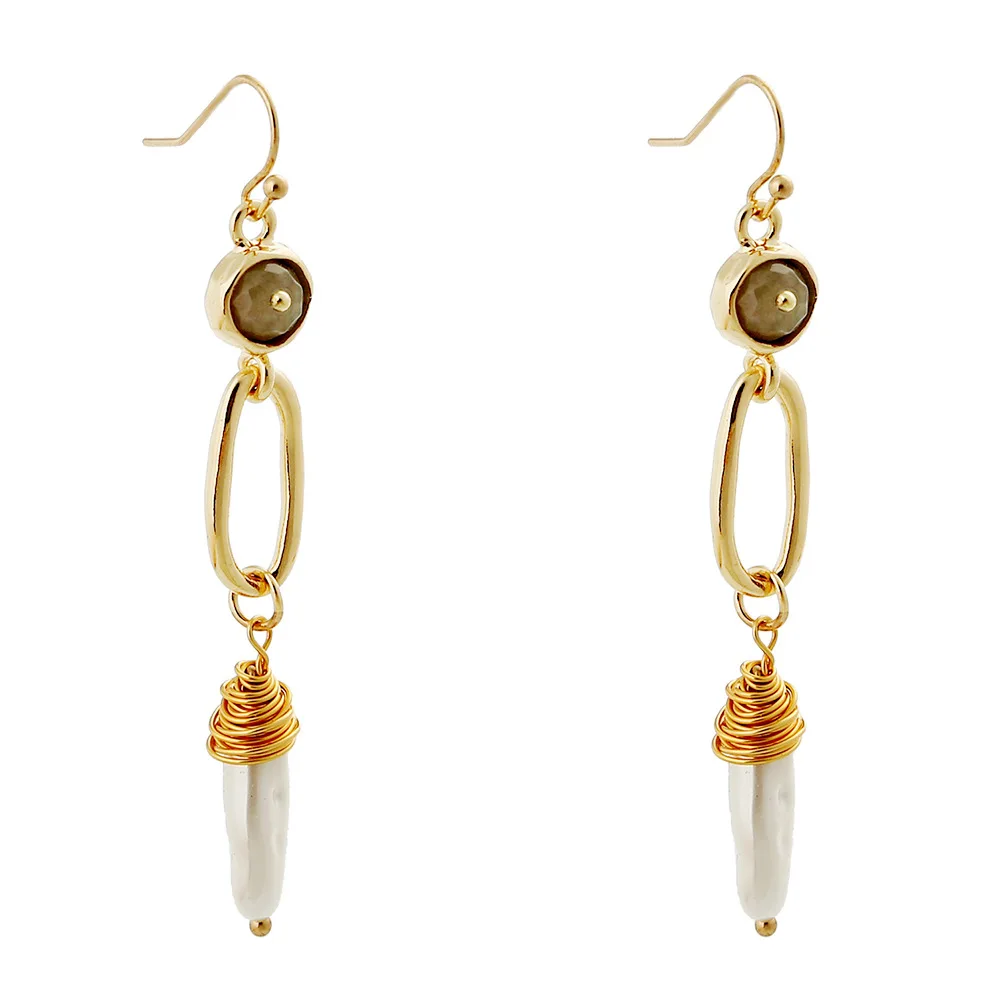 

Punk 18 K Gold Natural Stone Bead Freshwater Pearl Drop Earrings Oval Alloy Metal Circle Baroque Pearl Tassel Pendant Earrings