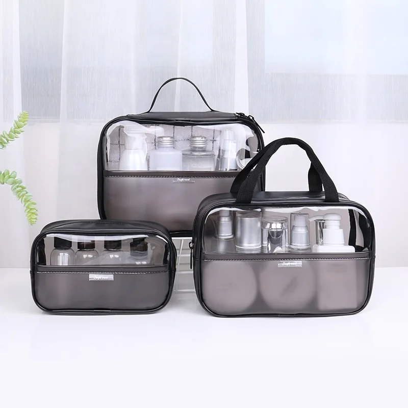 

Pvc Cosmetic Travel Bag Luxury Frosted Zipper Package Transparent Toiletries Bag Fashion Black Accessories Makeup Bag, Transparent and black