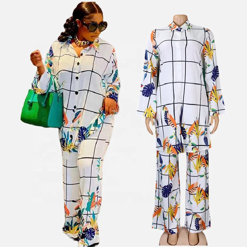 

Q076 Hot Selling Fashion Ladies 2 Piece Outfits For Women Casual Printed Blouse And Pants Set Women Two Piece Set