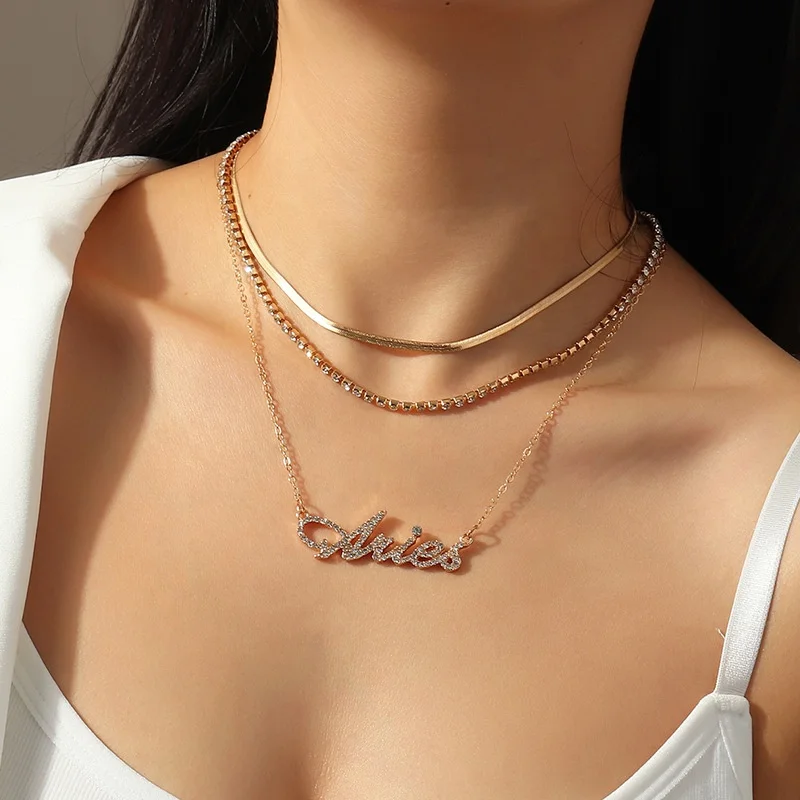 

18k gold Plated Collier AquariusChain Constellation Multi-layer collar letter pendant 12 Horoscope Zodiac sign zodic necklace, Gold color