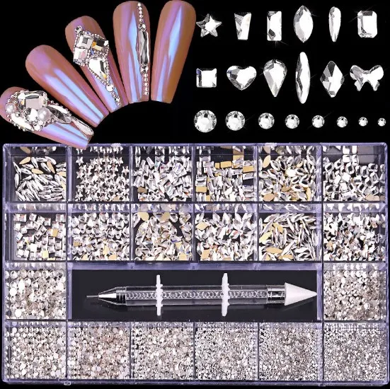 

2022Hot Sale High Quality Different Luxury Nails Crystal Stones Charm Decoration 3D Nail Art Rhinestone Set With Point Drill Pen, Colorful