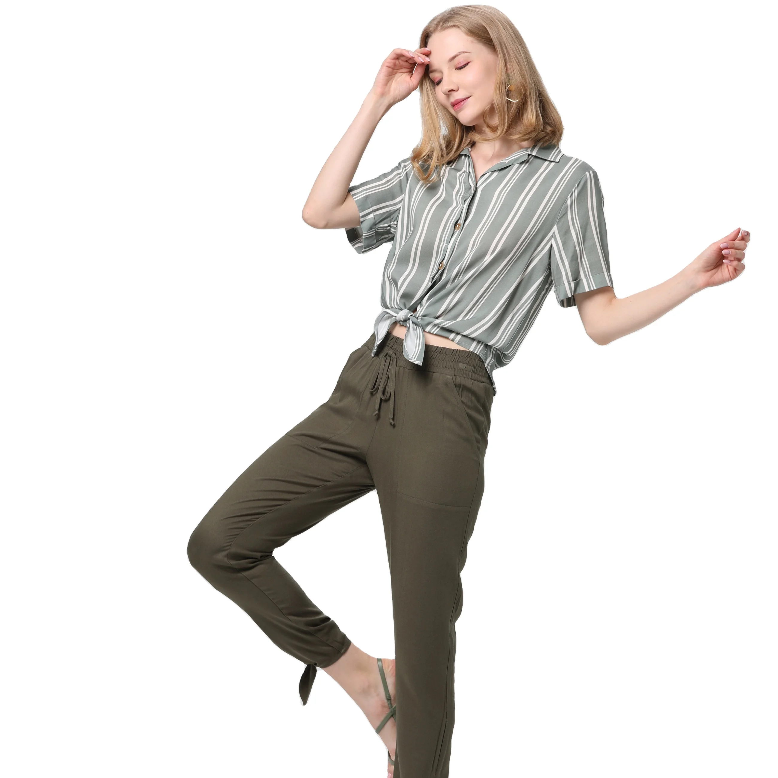 

Woman Casual Short Sleeve Striped Women Turn Down Collar Summer Shirts Crop Top Blouses