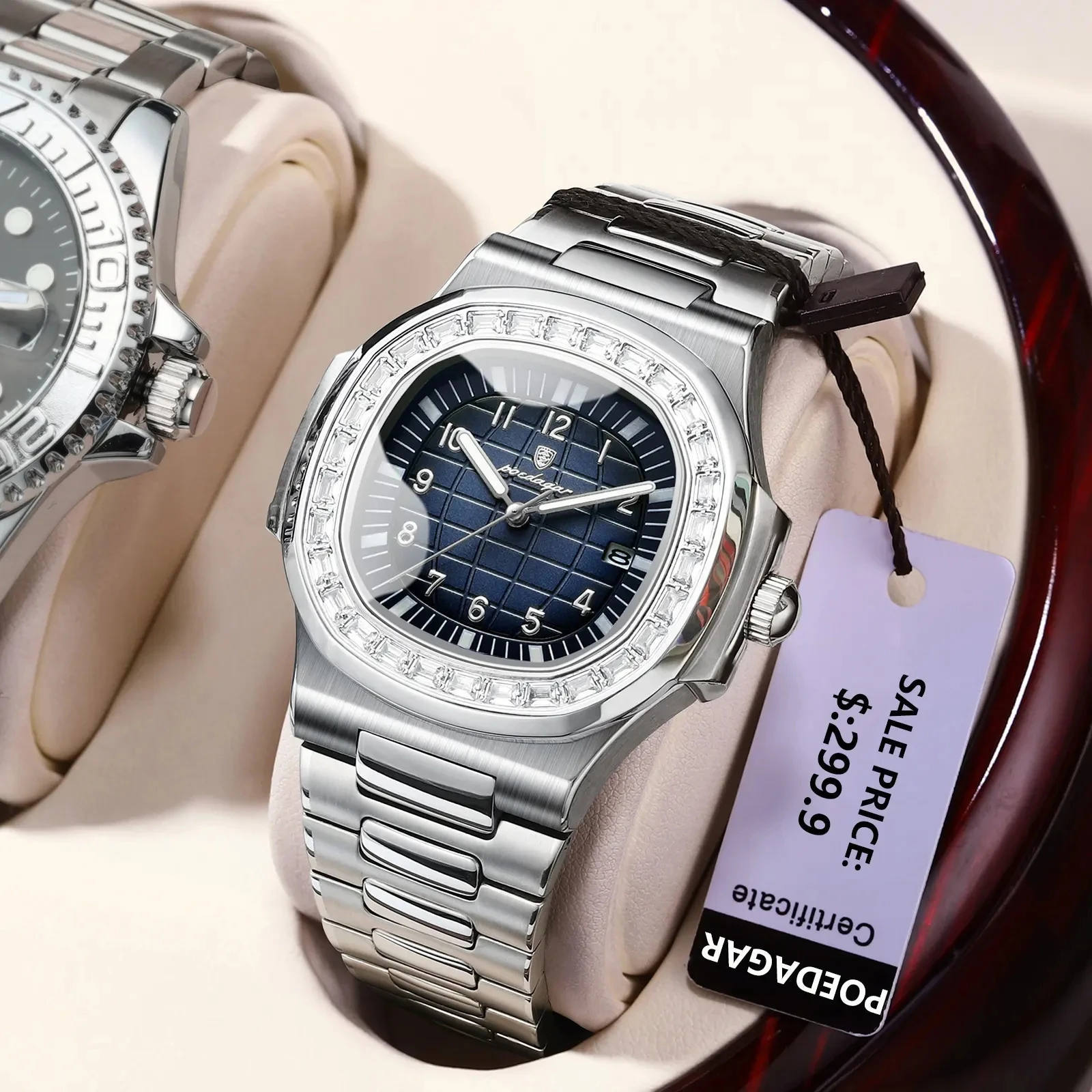 POEDAGAR Man Watch 925 Luxury Square Diamond Wristwatch Luminous Waterproof Date Men Watch Stainless Steel Quartz Watches