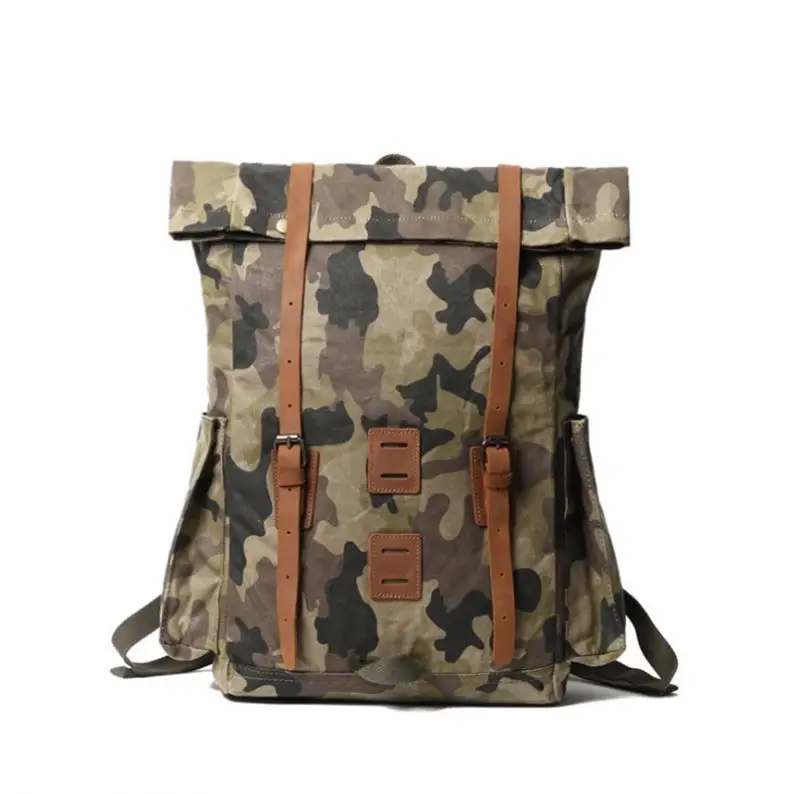 

Vintage Outdoor Large Capacity Roll Top Camping Canvas Backpack With Genuine Leather, As pictures show or custom