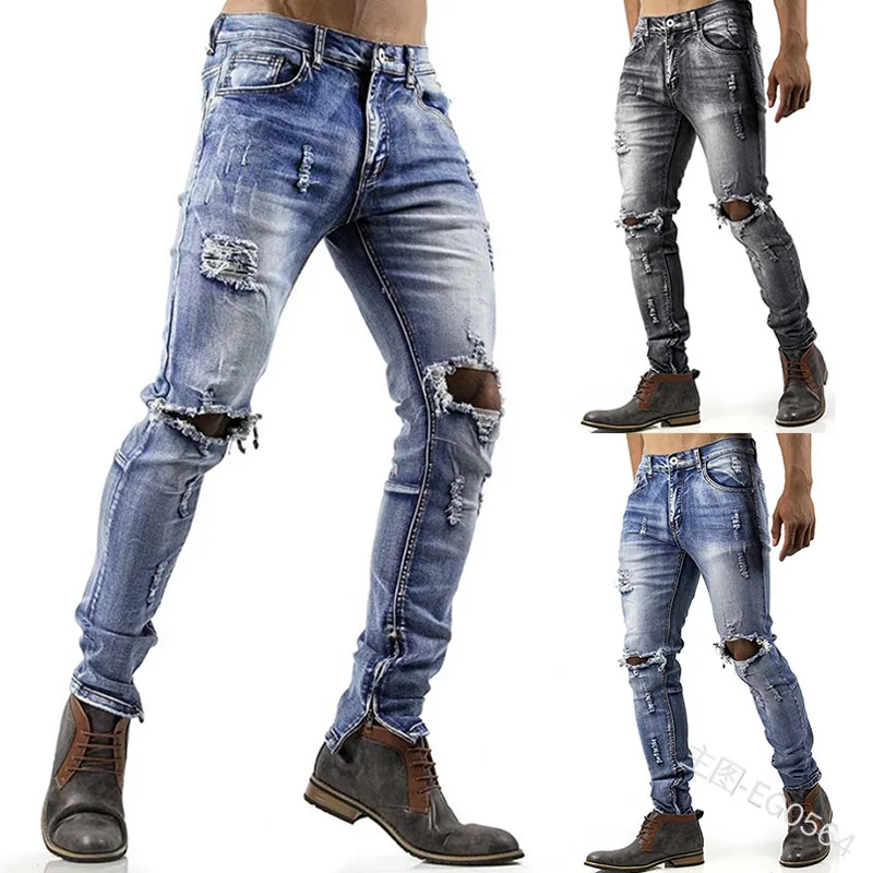 

High waist boyfriend ripped wash distressed plue size slim fit stacked mens ripped jeans, Customized color