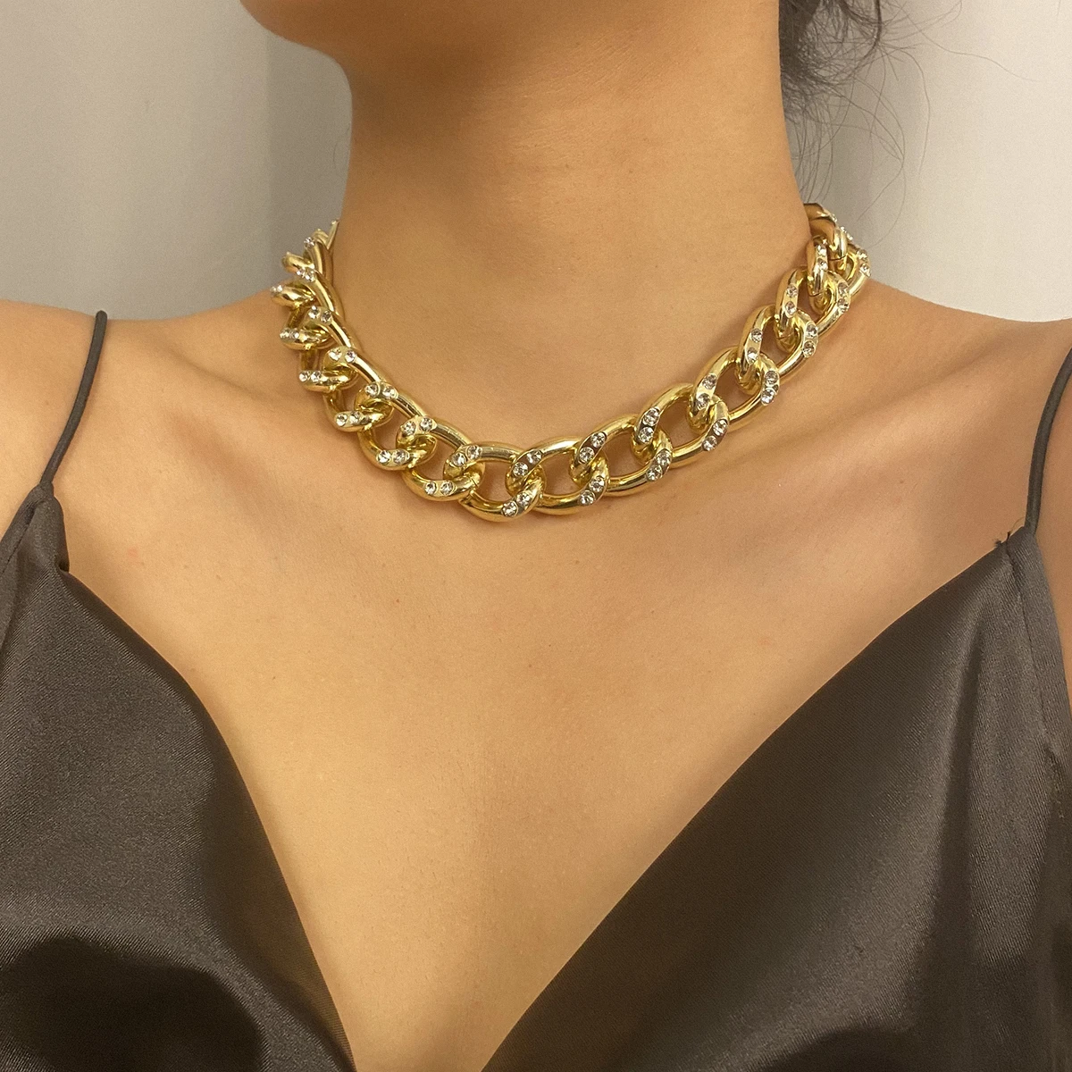 

SHIXINH Heavy Curb Chunky Necklaces Zircon Choker Rhinestone/Crystal Gold Cuban Link Chain Statement Necklace for Women Jewelry