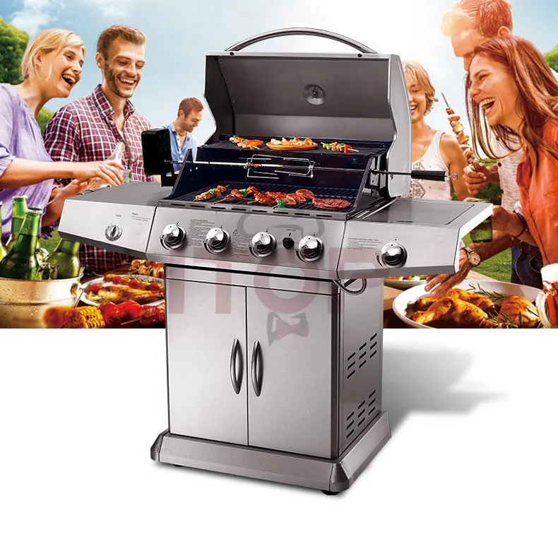

Smokeless Barbecue grills Stainless Steel Outdoor BBQ gas grill 5 burners Garden European bbq grill, Silver