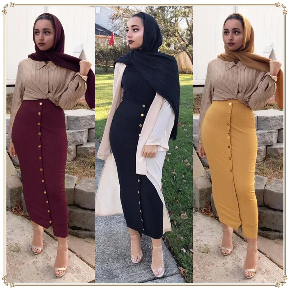 

Muslim Wear INS Bodycon Dress Elegant Women Dubai Turkish Skirt Ankle Length Muslim Skirt