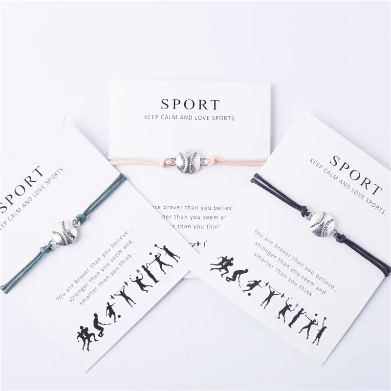 

Promotional Gift Free Design Customize Logo Card Bracelet Silver Tone Alloy Baseball Bracelet with Gift Card, Picture