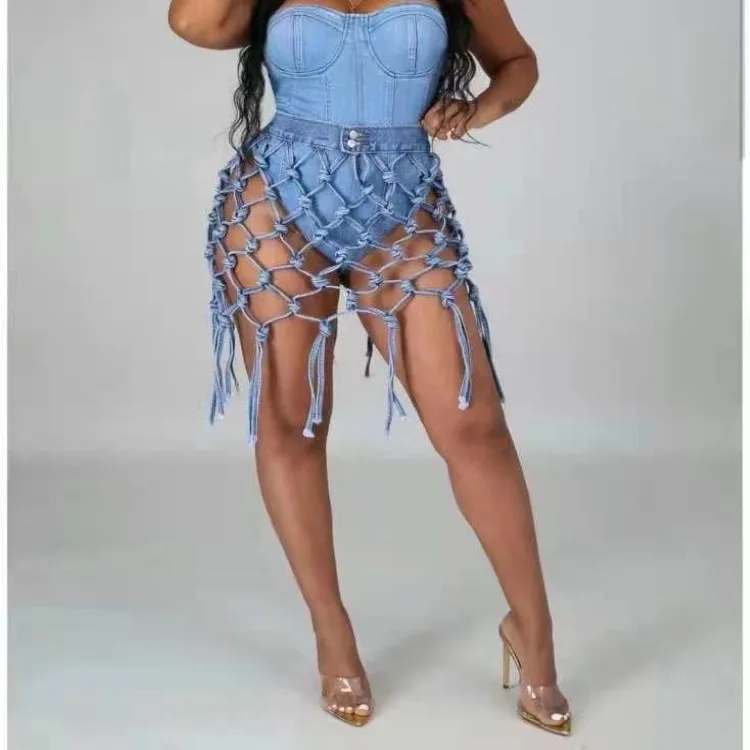 

Oudina Trend Women Summer New High Waist Sexy Hollow Out Cotton Skirts Midi Jean Denim Skirt, Blue/light blue