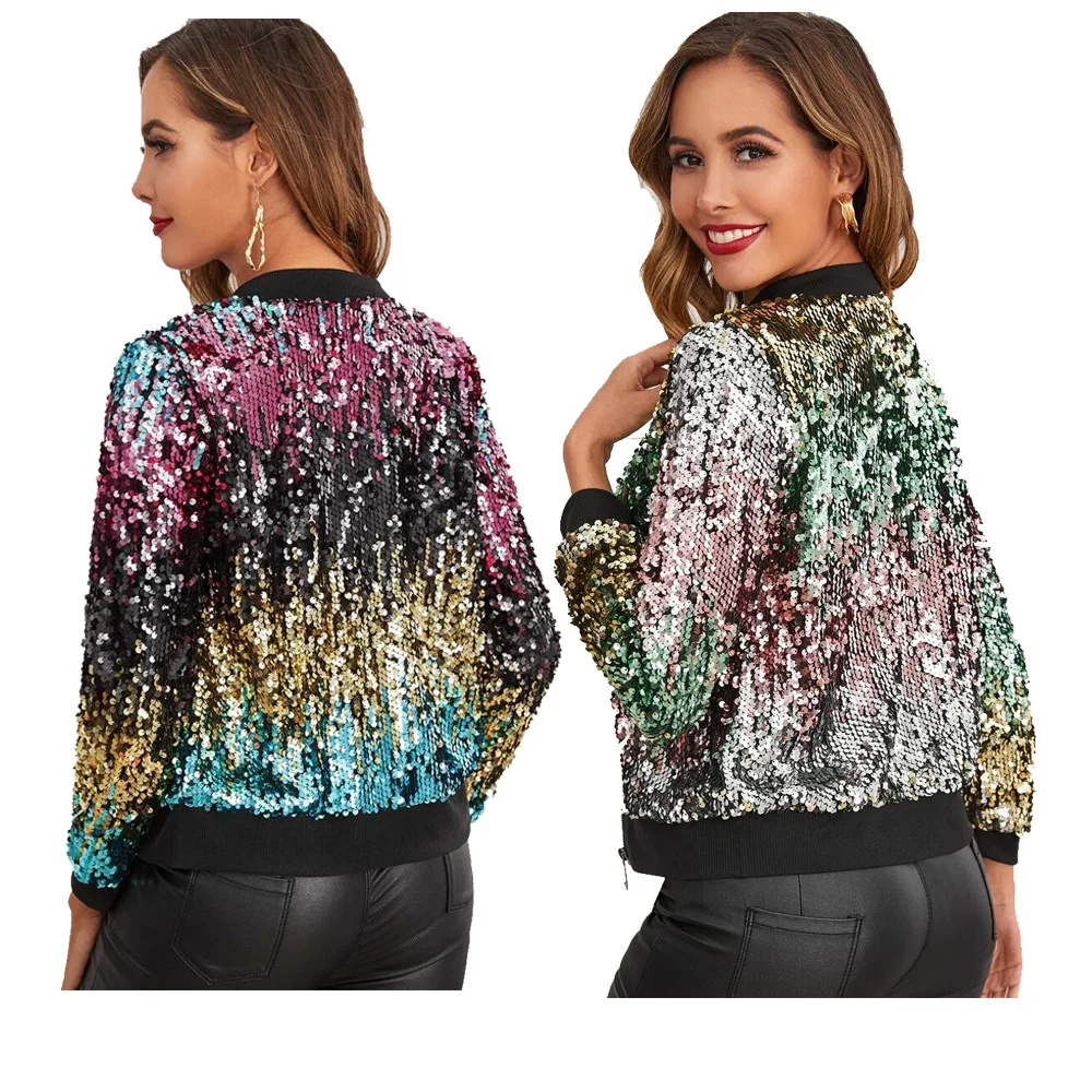 

long sleeve night club fashion jacket bling coat Women's casual colorful Sequin jacket for girl