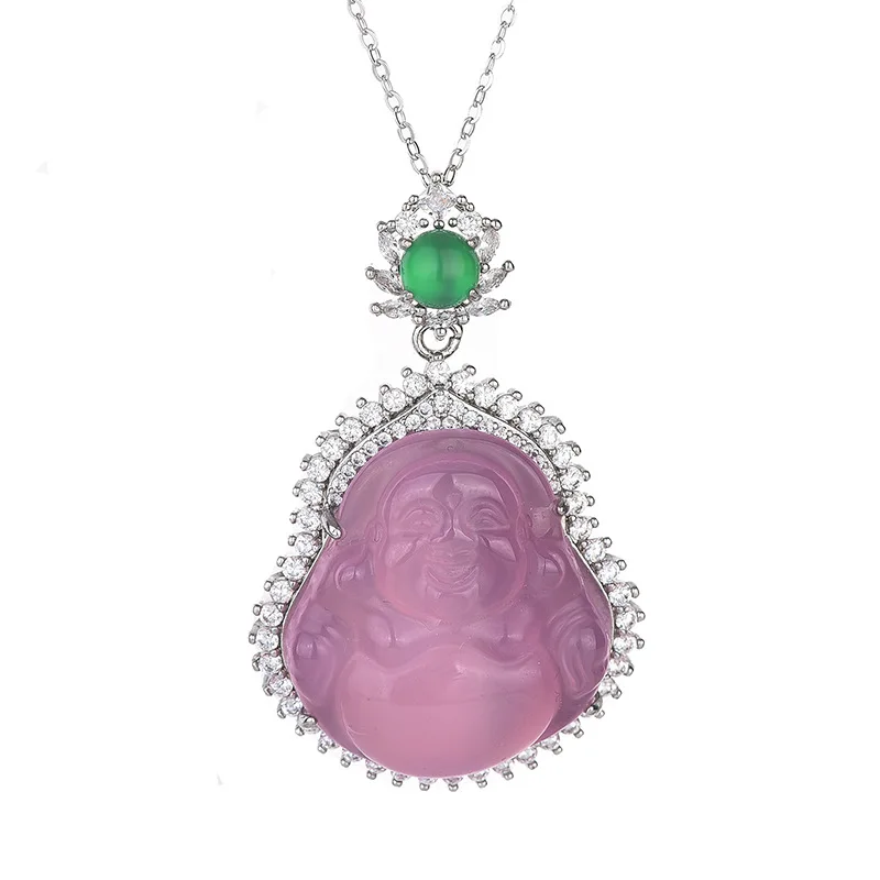 

Natural Violet Chalcedony Maitreya Laughing Buddha Pendant Buddha Necklace