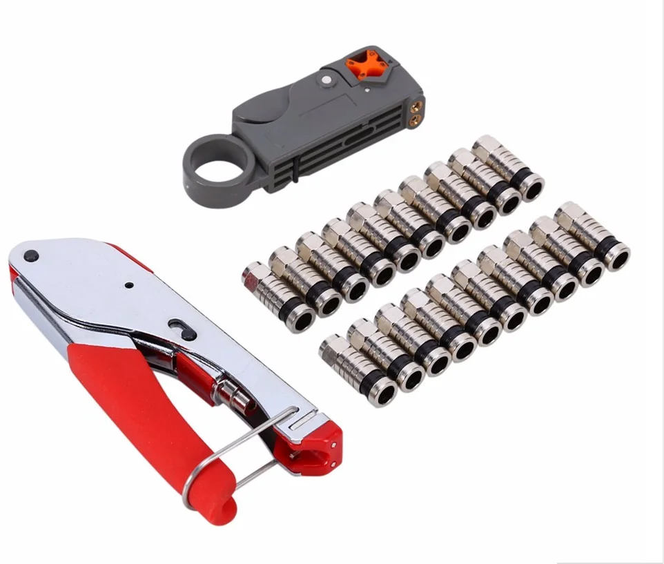 Moveland RG6 RG59 Coaxial Compression Tool Double Blades Coaxial Cable Stripper with F Style Connectors 20 PCS Coax Cable Crimper Kit Tool 