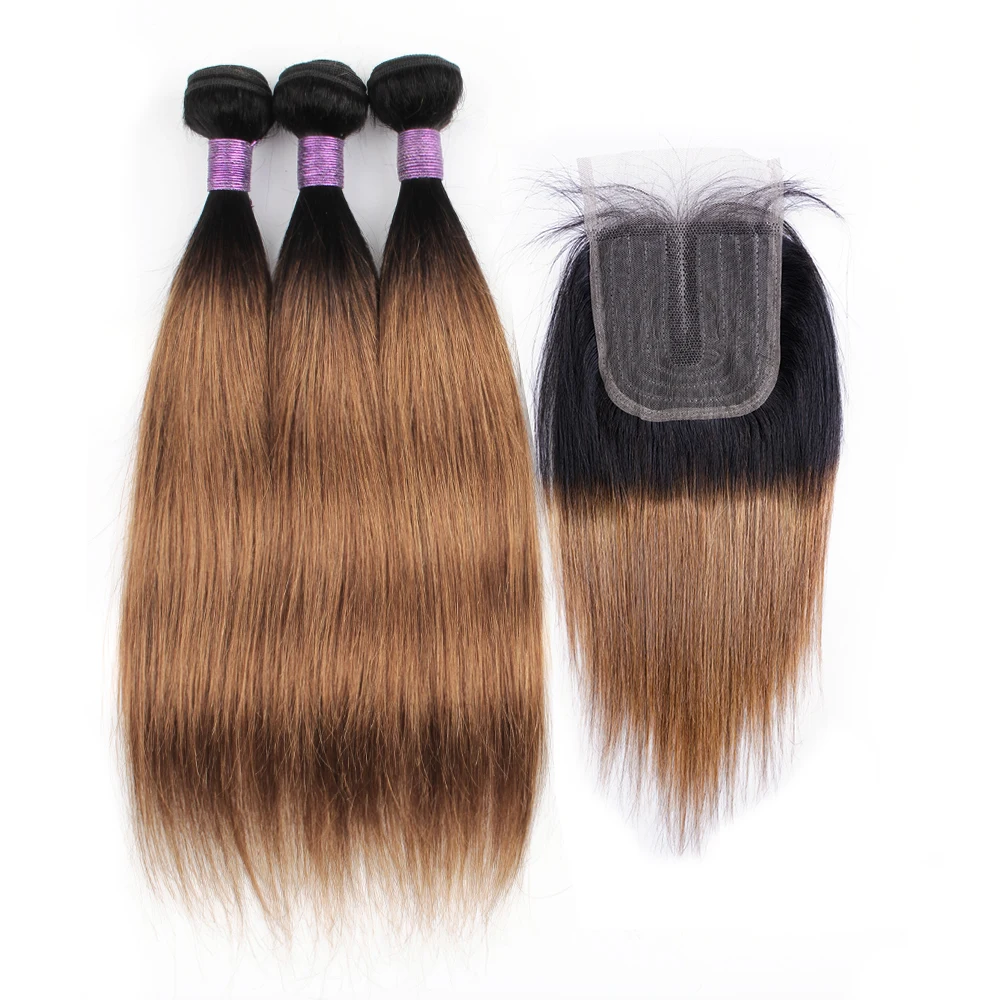 

Virgin cuticle aligned Brazilian hair colored 1b/30 Dark Roots Brown Ombre Hair 3 Bundles with 1 Lace Closure 4*1 in a package