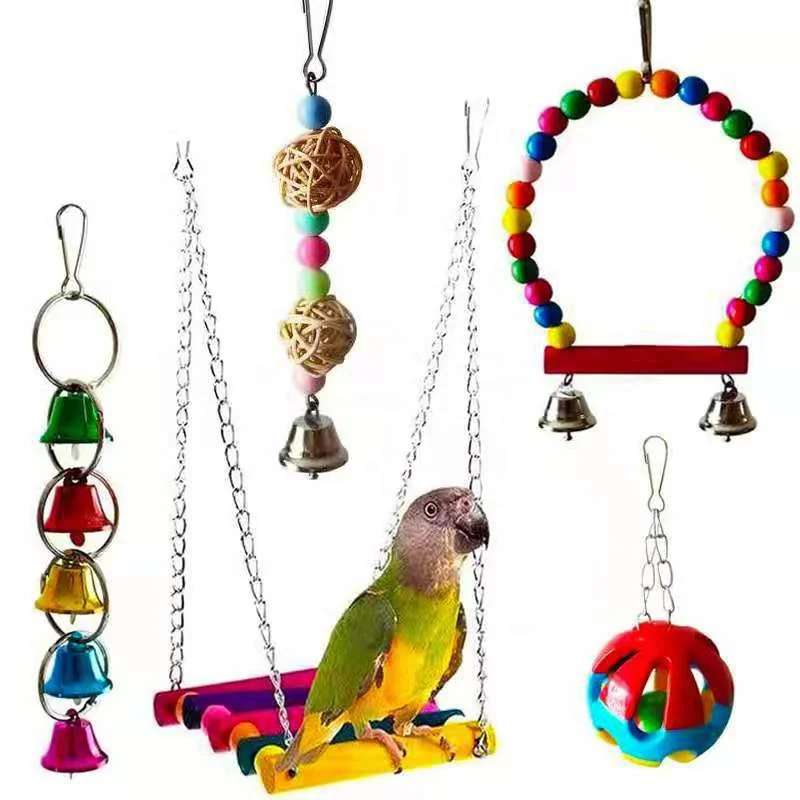 

5 Packs Bird Swing Chewing Hanging Perches Toys parrot wooden toys assessories ropes bells bird parrot chew toy set, All kinds