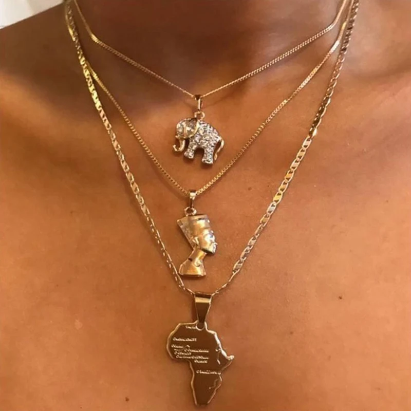 

Multi Layer Women Necklace Gold Plated Elephant World Map Egyptian Queen Pendant Necklace, Shiny gold