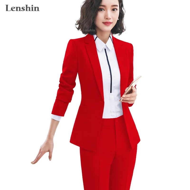 Lenshin 2 Piece Set Simple Formal Pant Suit Blazer with Pockets Office Lady Designs Women Single Button Jacket and Pant
