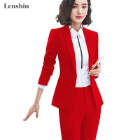 

Lenshin 2 Piece Set Simple Formal Pant Suit Blazer with Pockets Office Lady Designs Women Single Button Jacket and Pant
