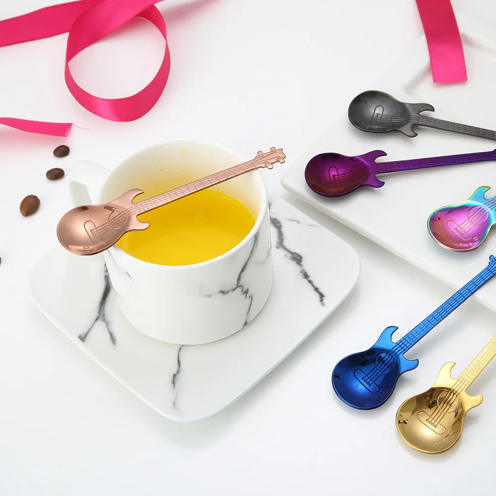 

1pcs Cartoon Guitar Stainless Steel Spoon Creative Milk Coffee Spoon Ice Cream Candy Teaspoon Accessories Drinking Tools, As photo