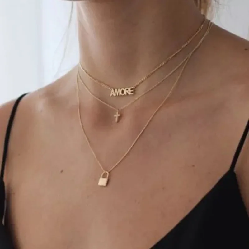 

AMORE Cross And Lock Jewelry Set Multi Layer Stainless Steel 3 Link Chain Gold Plated Multilayer Necklace