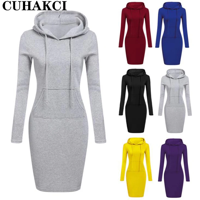

CUHAKCI New Autumn Winter Women Solid Color Long Sweatshirt Pullover Hoodie Dress Women Sweater Custom Logo Designer Dress, Black, blue, purple, red, yellow