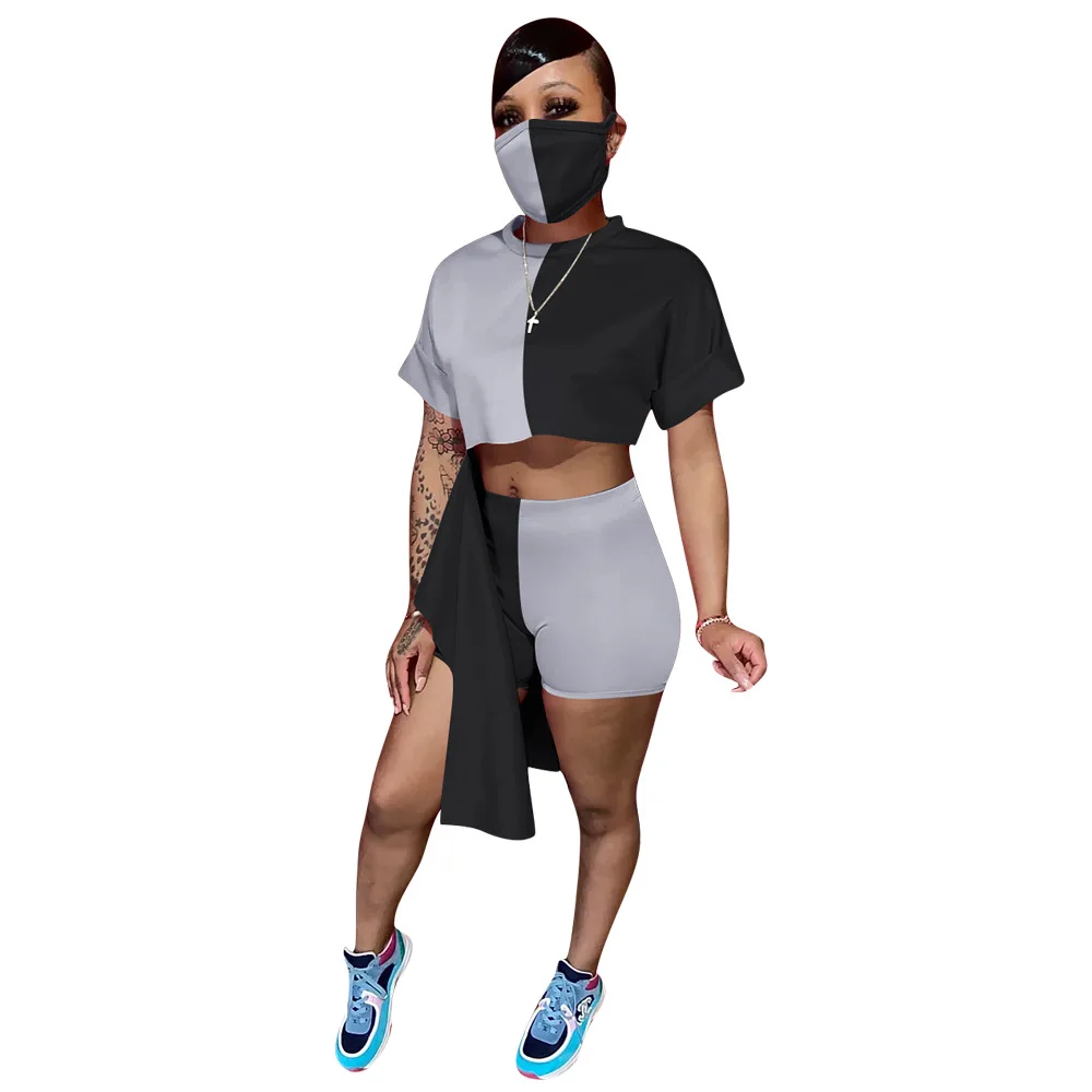 

2021 Fashion Women O-Neck Short Sleeve Crop Belt Short Pants 2 Pieces Set Color Block Patchwork Irregular Outfits Tracksuit, Picture show
