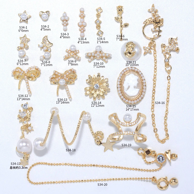 

Luxury Nail Arts AAA Zircon White Pearl Bow Moon Star Rose Flower Long Chain Love Heart Nail Charms Women Finger Nail Jewelry, Colorful