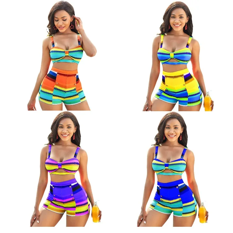 

Summer Lady Beach Swimwear Tops Shorts Color Block Women Two Piece Sexy Bikini Swimsuit, Picture