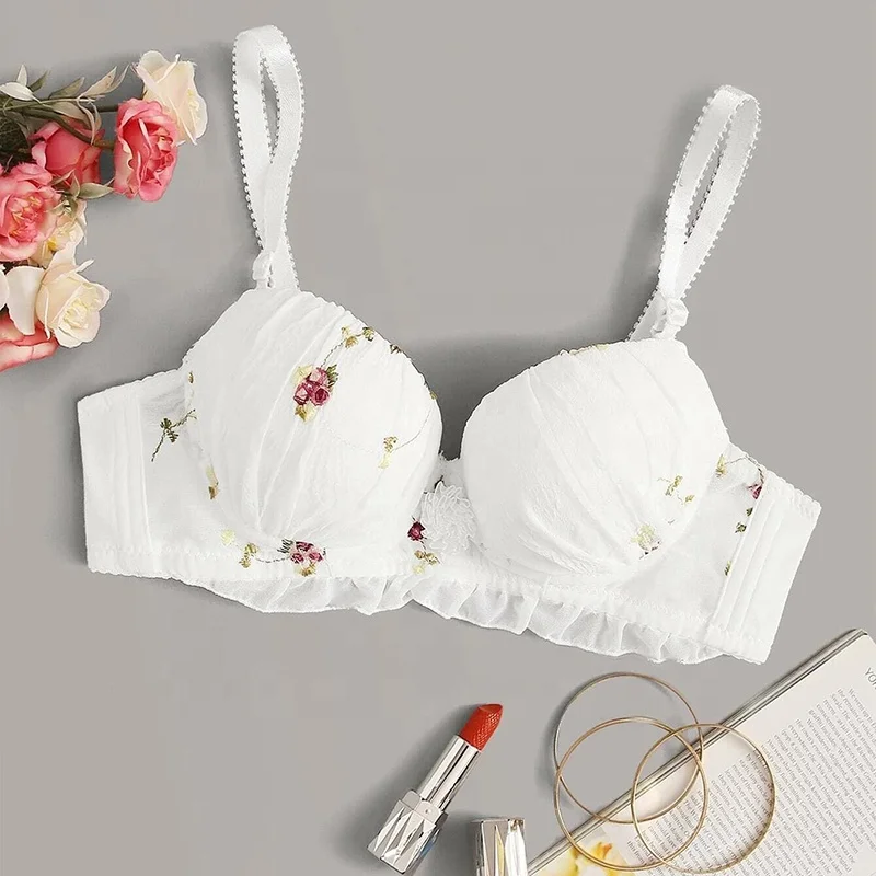 

Hot Sale Embroidery Floral White Underwear Bras Women
