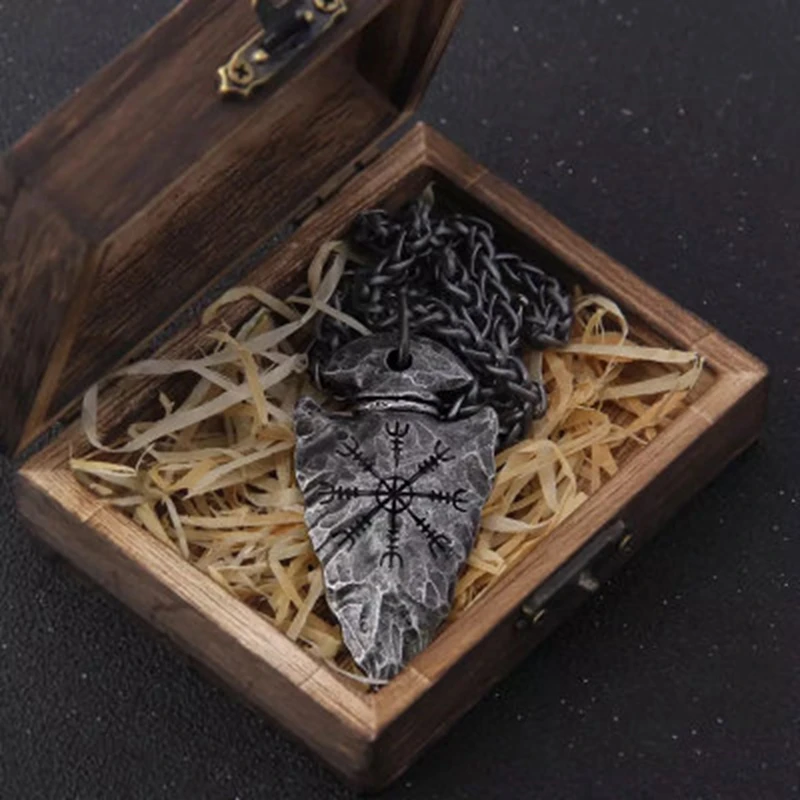 

"Helm of Awe" and "Viking Vegvisir" Iron Color Viking spear Pendant Necklace with Stainless Steel Chain As Men Gift, As picture