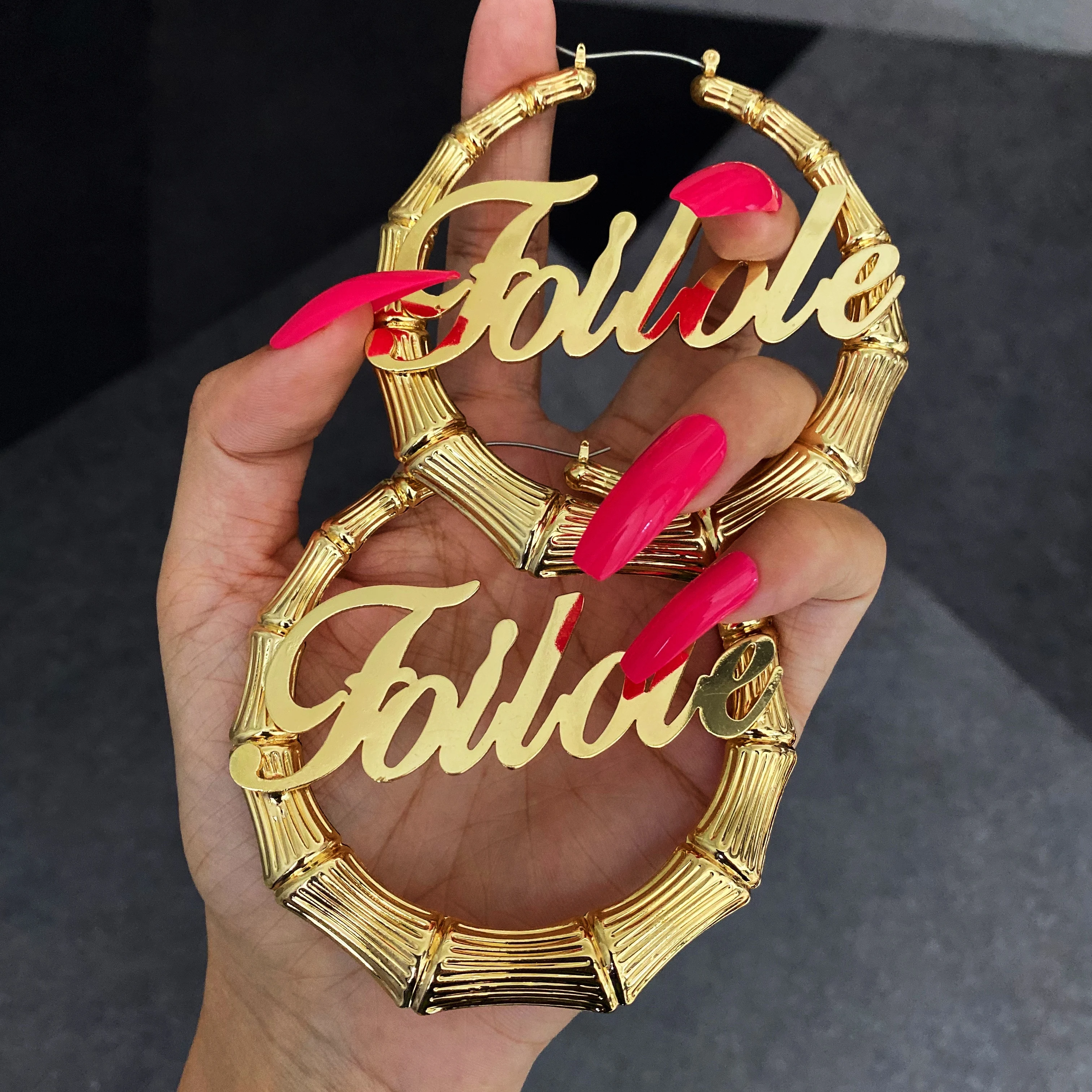 

Custom 18k gold plated personalised Name bamboo hoop earrings women