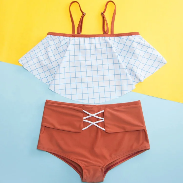 

2021 stylish little girls lace up swimwear swimsuit plaid string bikinis, Custom any color you needed