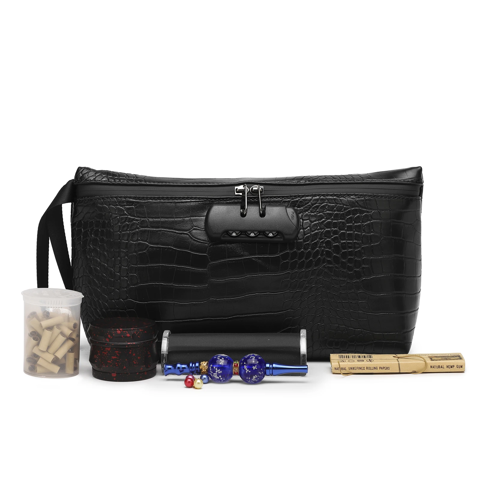 

Croco PU Leather Carbon Lining Smell proof bag Weed Custom Logo with Lock, Black croco pu