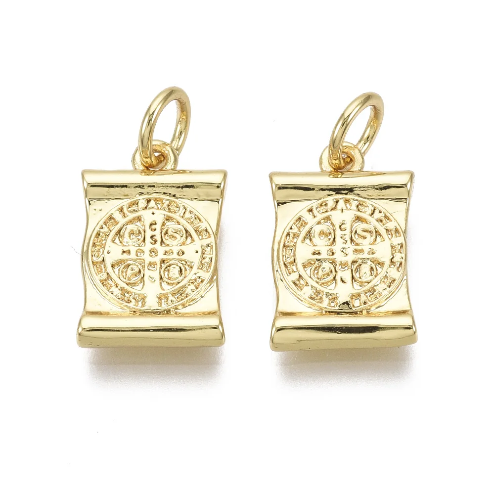 

Pandahall Rectangle with Saint Benedict Brass Charms, Real 18k gold plated