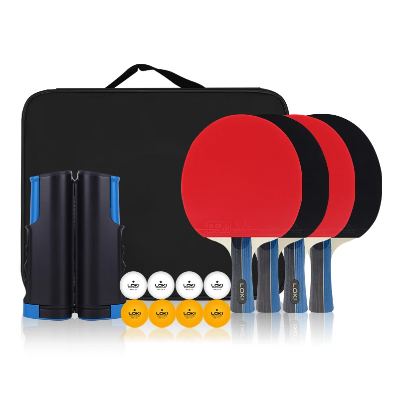 

LOKI Promotion Wholesale Table Tennis Set Racket With 4 Bats 8 Balls 1 Retractable Net, Black and red