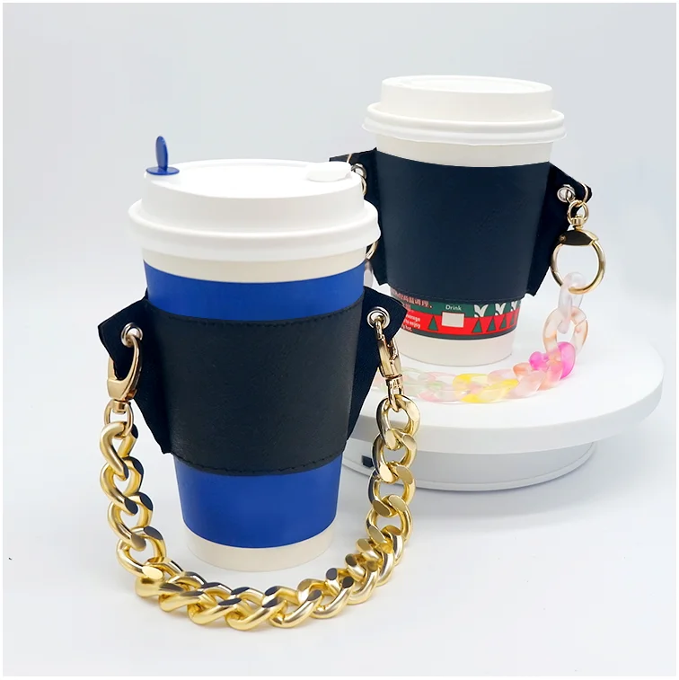 

Reusable Leather Cup Holder Coffee Cup Handmade Cup Sleeve with Chain Strap Handle, Custom/beige/pink/blue/brown